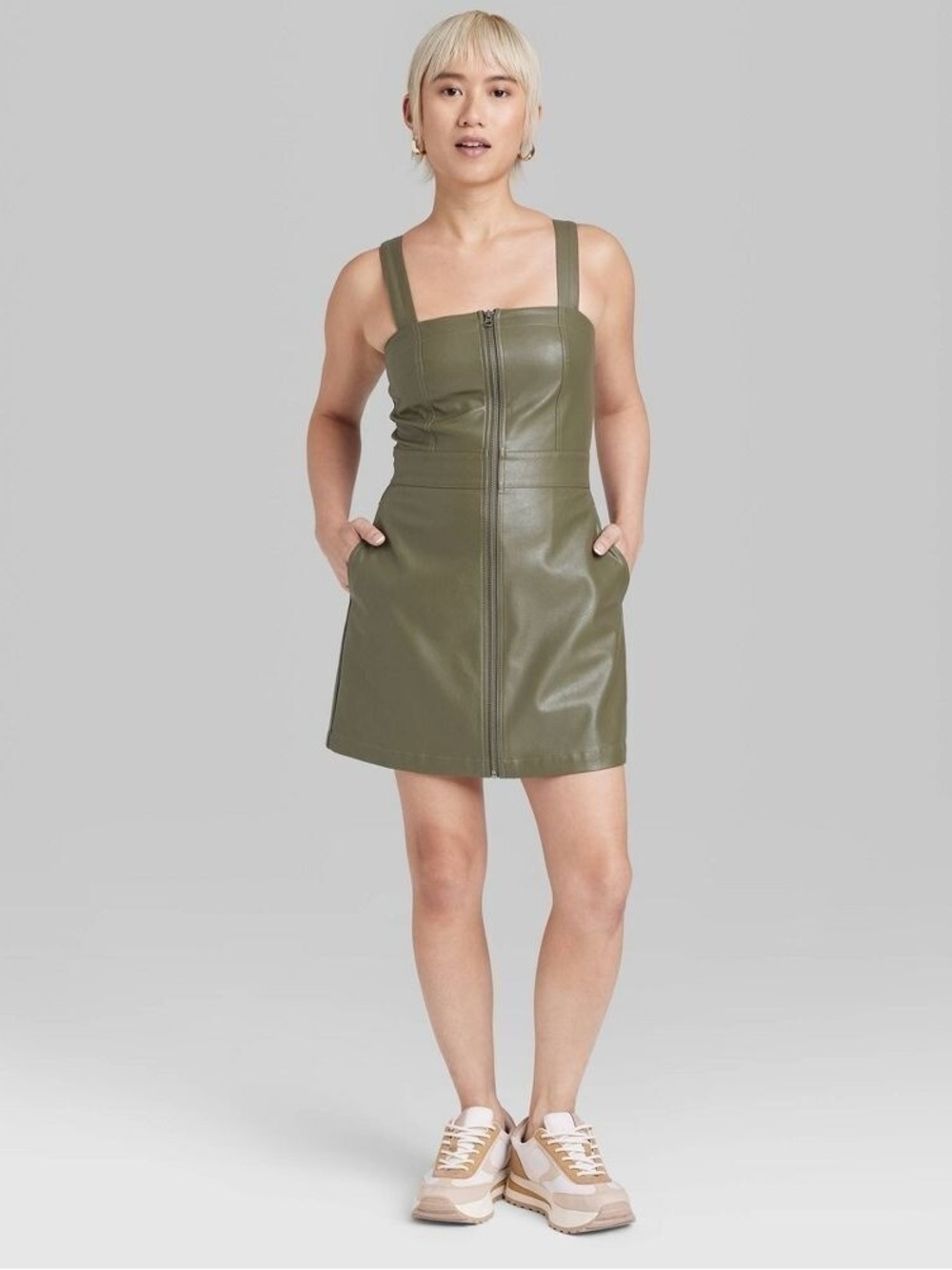 NWT Wild Fable faux leather zip-front mini pinafore dress in olive green
